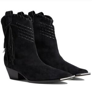 Schutz Alexxa Black Suede Fringe Western Bootie Size 7